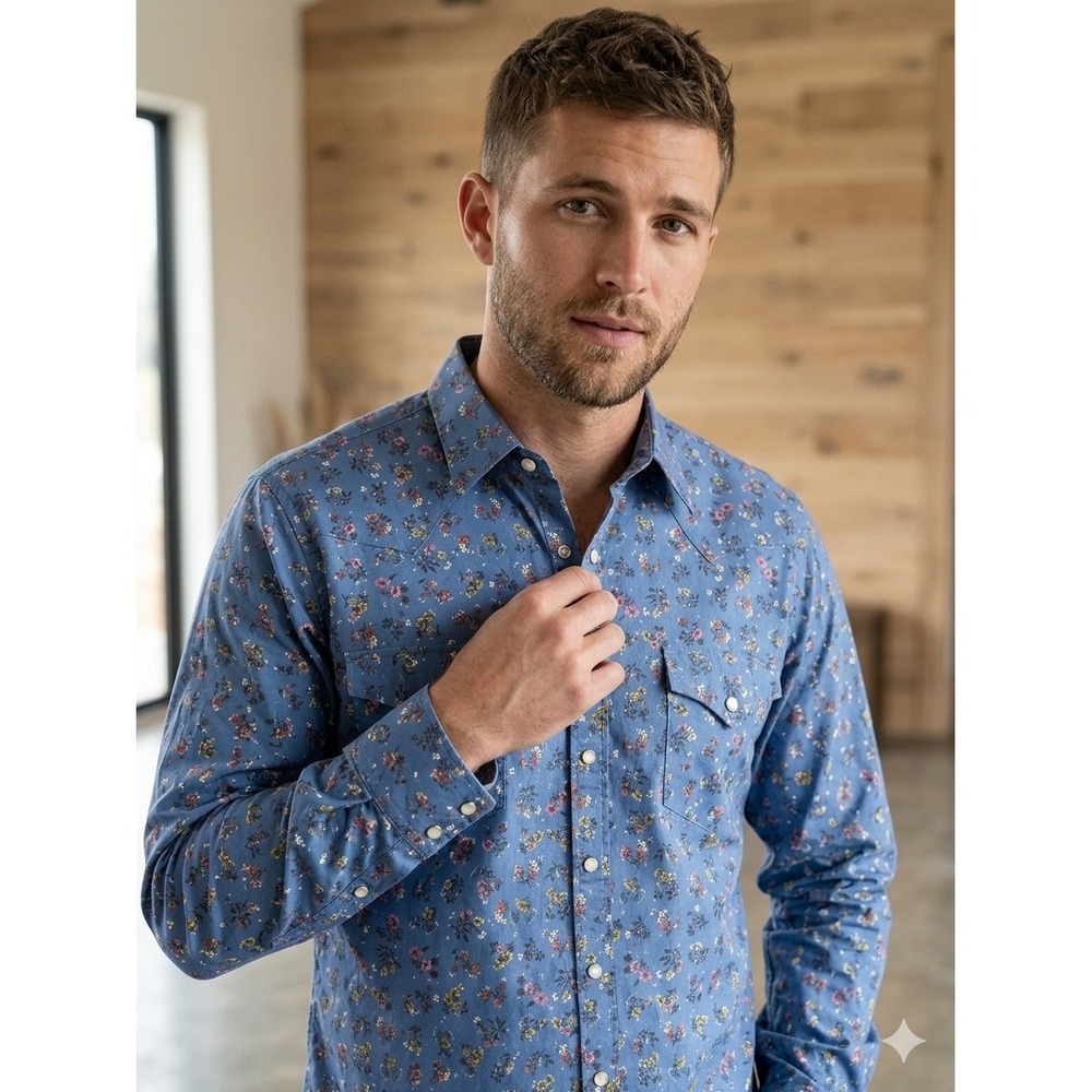 Proper Cloth Western Pearl Snap Button Up Shirt Large Blue Floral Print 100%